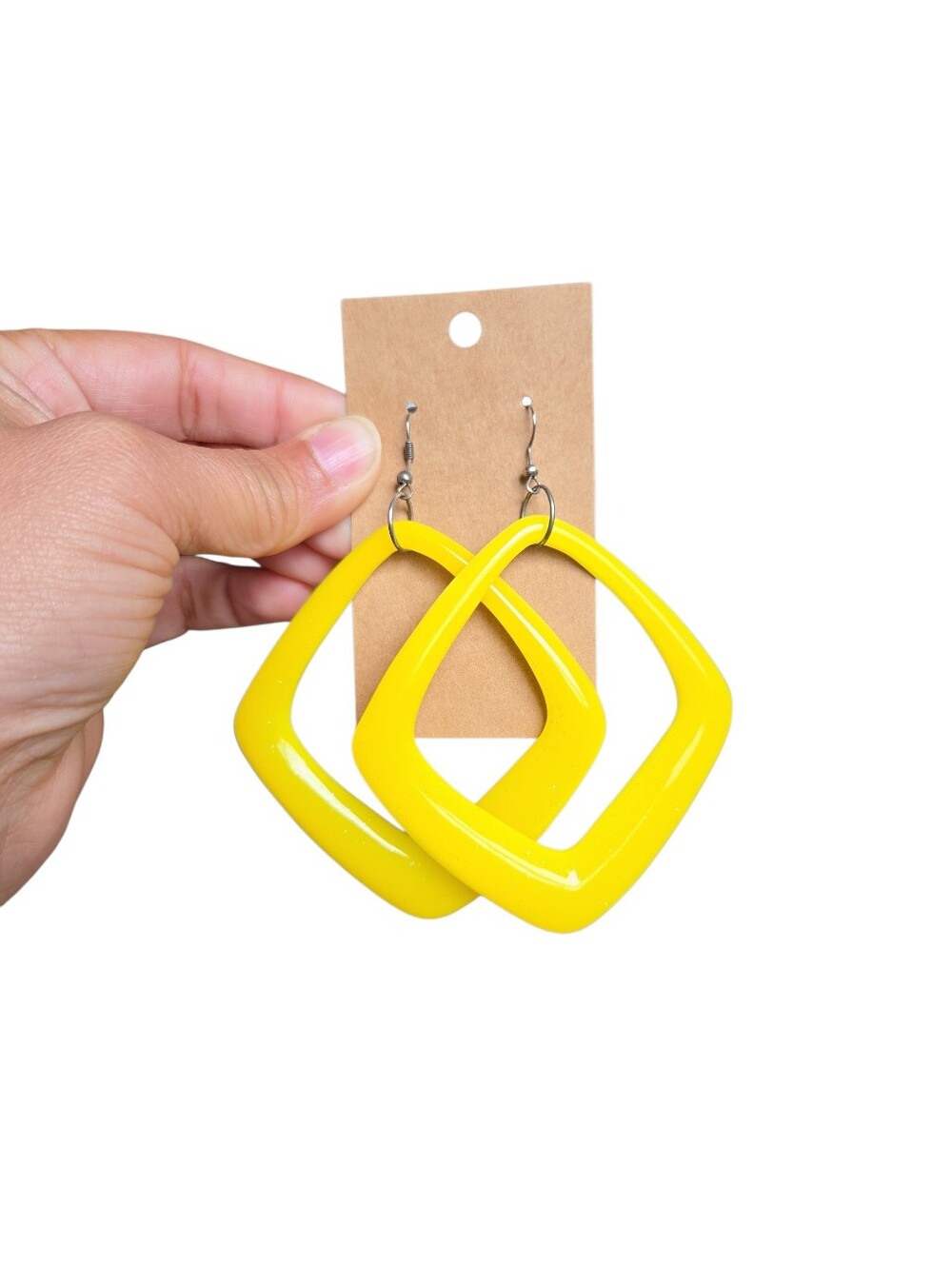 Silver Toned Bold Yellow Glitter Geometric Dangle Earrings 4"